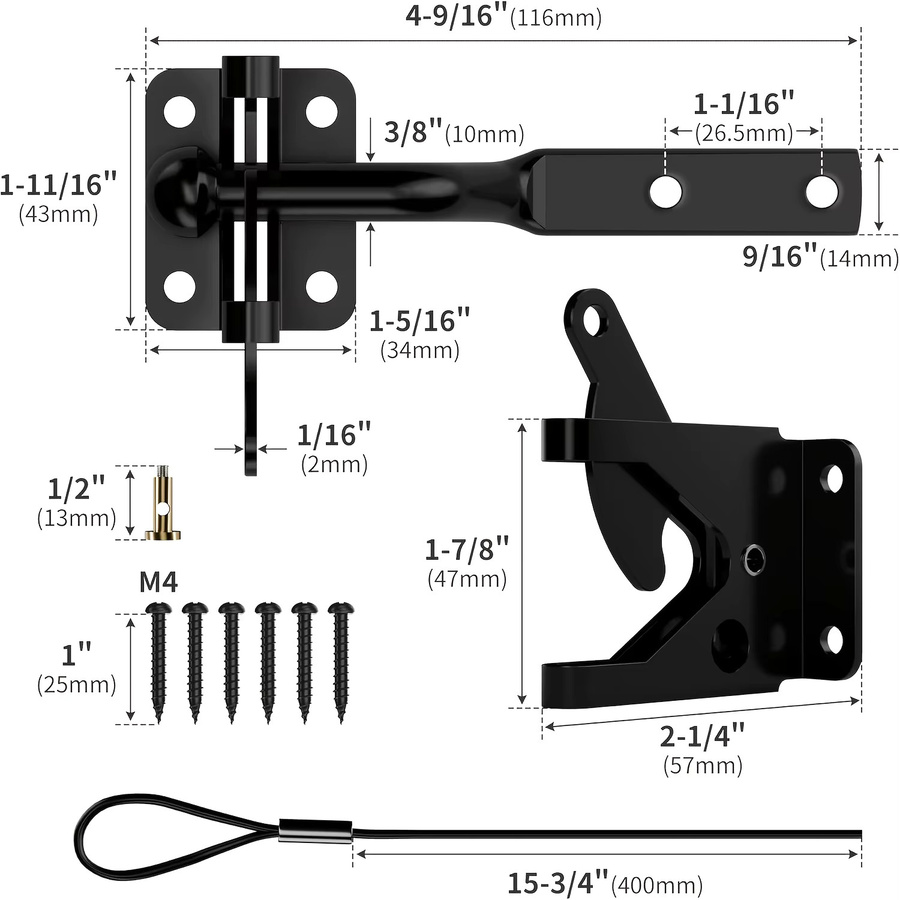 Selbstverriegelnder Torriegel aus Kohlenstoffstahl mit Federzugkabel für Holzzäune, Schwarz - Bild 2