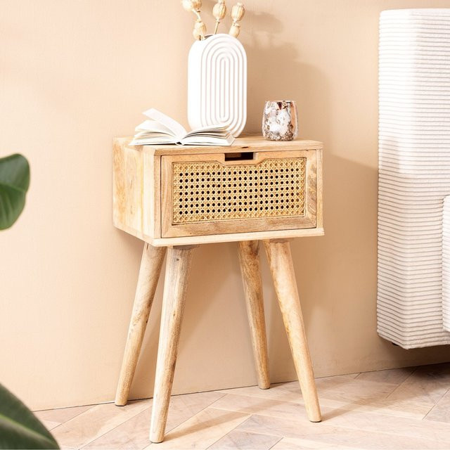 Finebuy Nachtkonsole aus Massivholz mit Rattan und Schublade im Boho Design, braun, B/T/H: 60 x 30 x 40 cm - Bild 1