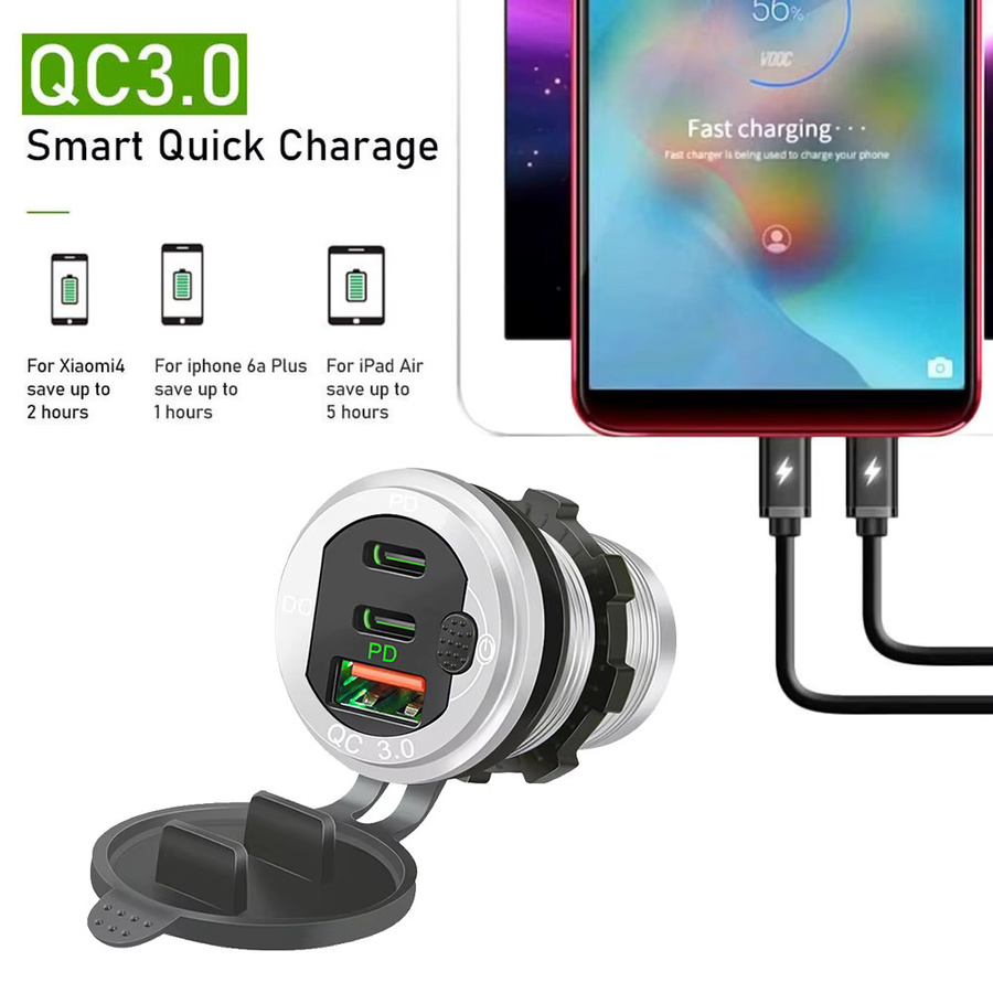 Velev 115 W Autoladegerät mit QC3.0 und PD Typ C, Drei USB-Autoladebuchsen mit Voltmeter und Schalter, Aluminium-Metall, Silber - Bild 3