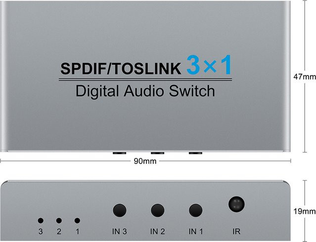 Wiistar Glasfaser Digital Audio Splitter mit 3 Eingängen und 13-Wege Infrarot-Steuerung in Silber, unterstützt DTS und AC3 - Bild 1