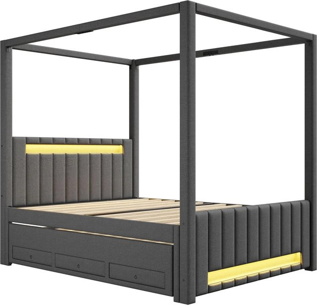 okwish Polsterbett mit Himmelbett und Ausziehbett in Grau mit LED-Beleuchtung und Schubladen B/T/H: 140 x 200 x 141,5 cm - Bild 1