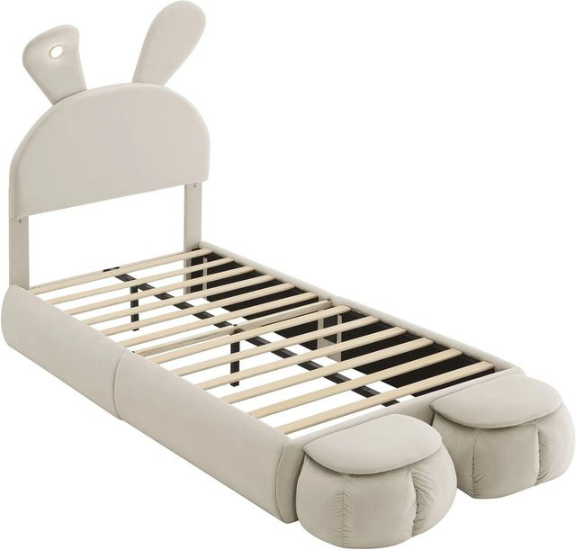 PXloue Kinderbett Polsterbett mit Hasenohren aus Samt in Beige inklusive LED-Licht und Aufbewahrungshocker, B/T/H: 90 x 200 x 104 cm - Bild 1