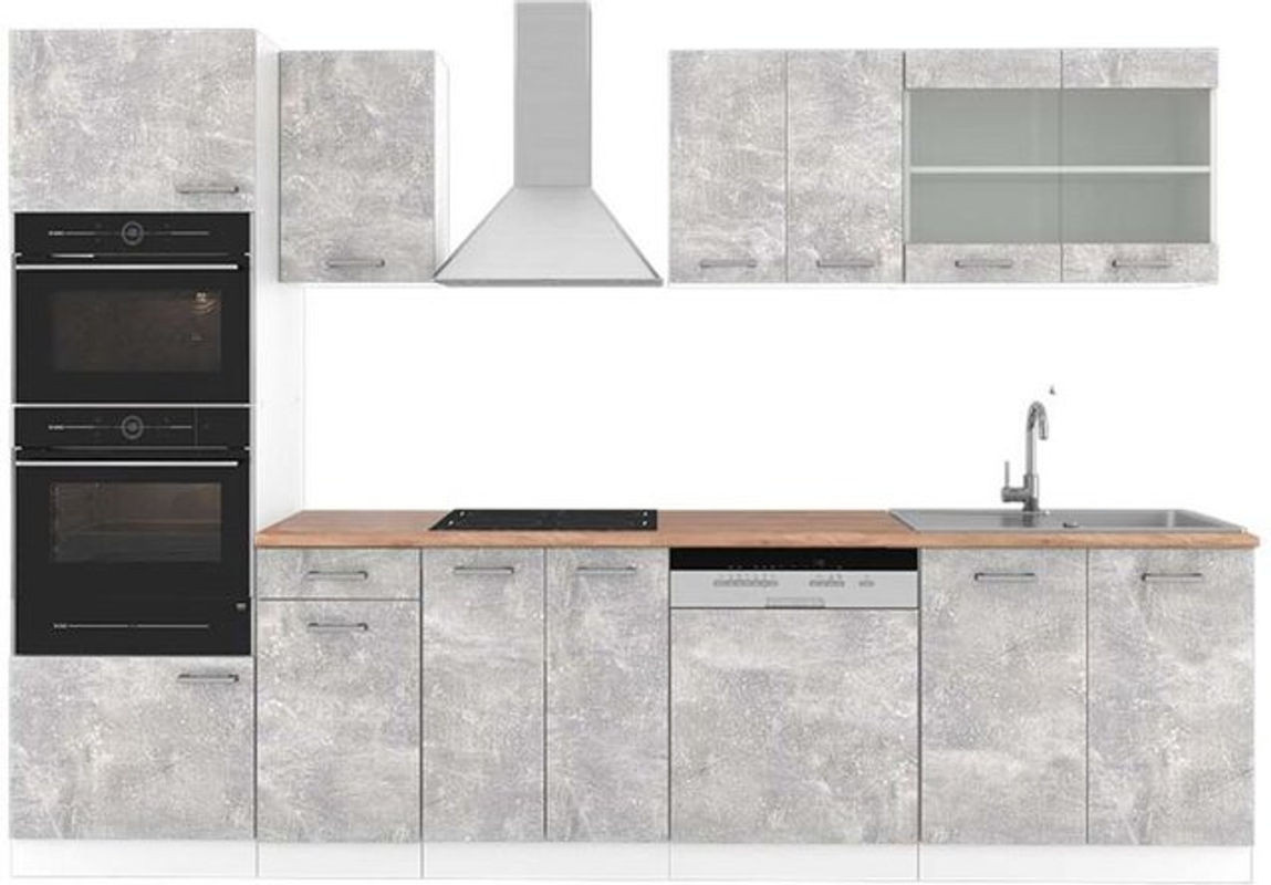 Vicco Küchenzeile R-Line in Beton und Weiß mit Hochschrank und Eiche Natur, Breite: 300 cm, Höhe: 207 cm, Tiefe: 60 cm - Bild 1