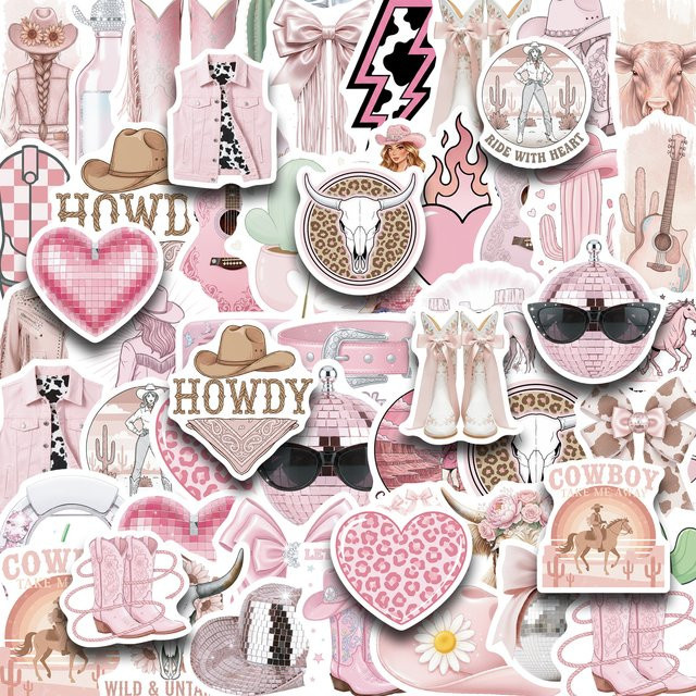 50 Stück Disco Cowgirl Aufkleber in Rosa, Wasserdichte Vinyl Sticker für deine Western Party und Scrapbooking - Bild 1