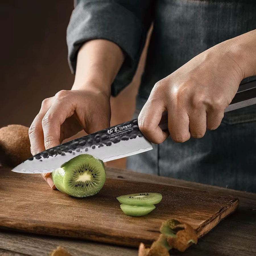TURWHO Professionelles Kochmesser aus handgeschmiedetem 3-Schichten-Kompositstahl mit Holzgriff, 14 cm - Bild 4