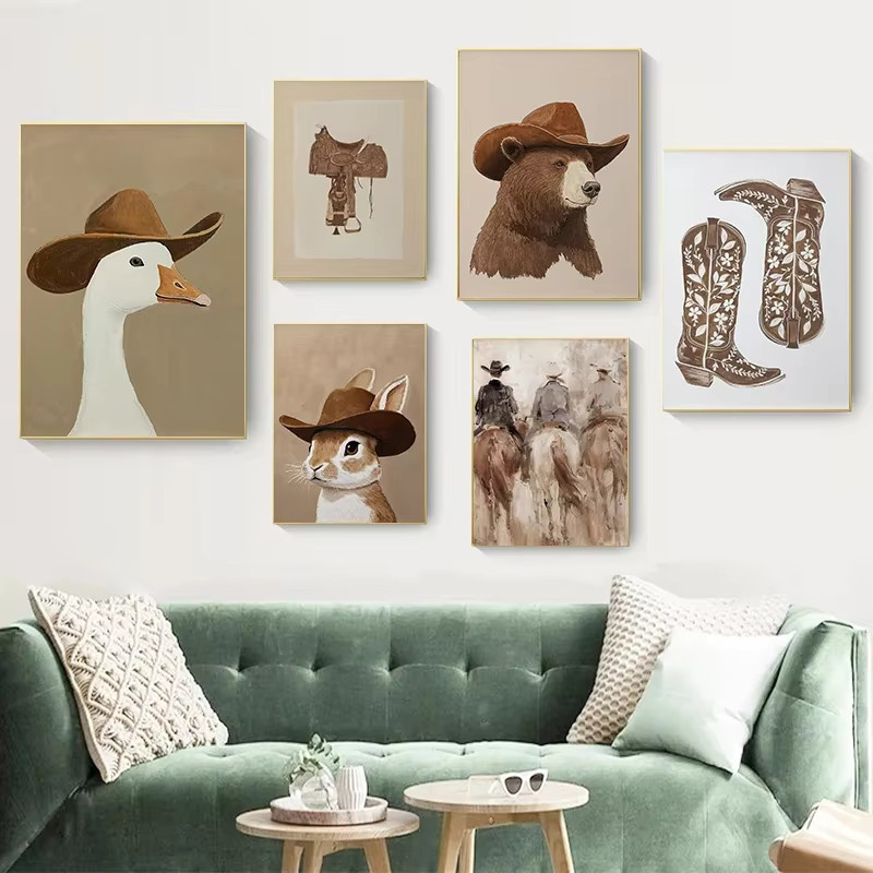 Potdemiel Leinwandmalerei Western Cowboy und Pferd Wandbild im Land-Rodeo-Stil, Mehrfarbig - Bild 2