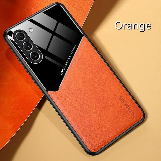 Samsung Galaxy S25 S24 S23 S22 S21 S20 Ultra FE S10 Plus Hülle mit Magnetischer Auto-Halterung aus TPU und Leder in Orange - Bild 1