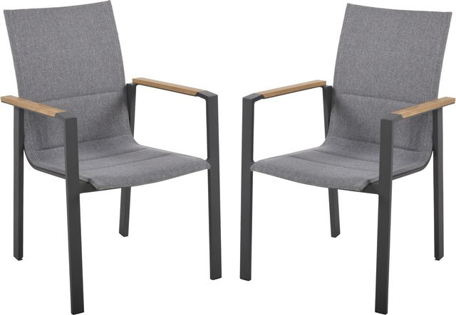 Garden Pleasure Stapelstuhl Davina 2er Set mit Armlehnen aus Aluminium und Teakholz in Anthrazit und Grau - Bild 1