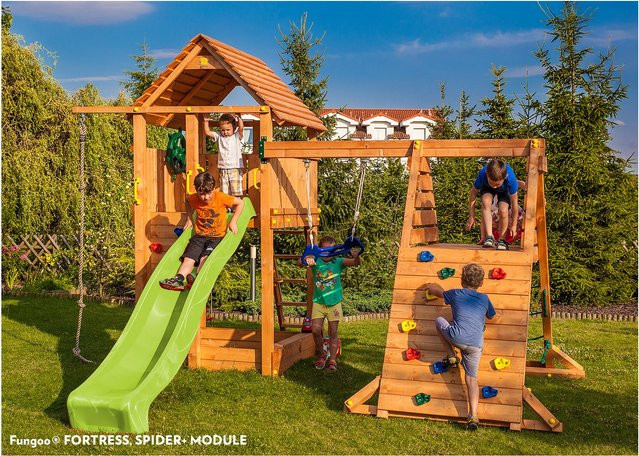 Fungoo Spielturm Fortress Spider+ Klettergerüst aus Teak mit Rutsche, Holzdach, Leiter und Schaukel - Bild 2