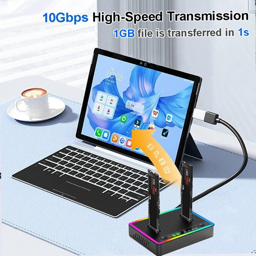 Kebidumei M.2 NVMe/SATA Dual-Bay Festplatten-Dockingstation mit Offline-Klonfunktion, USB 3.2 Gen2 SSD Duplikator und NGFF-Protokoll, Schwarz - Bild 5