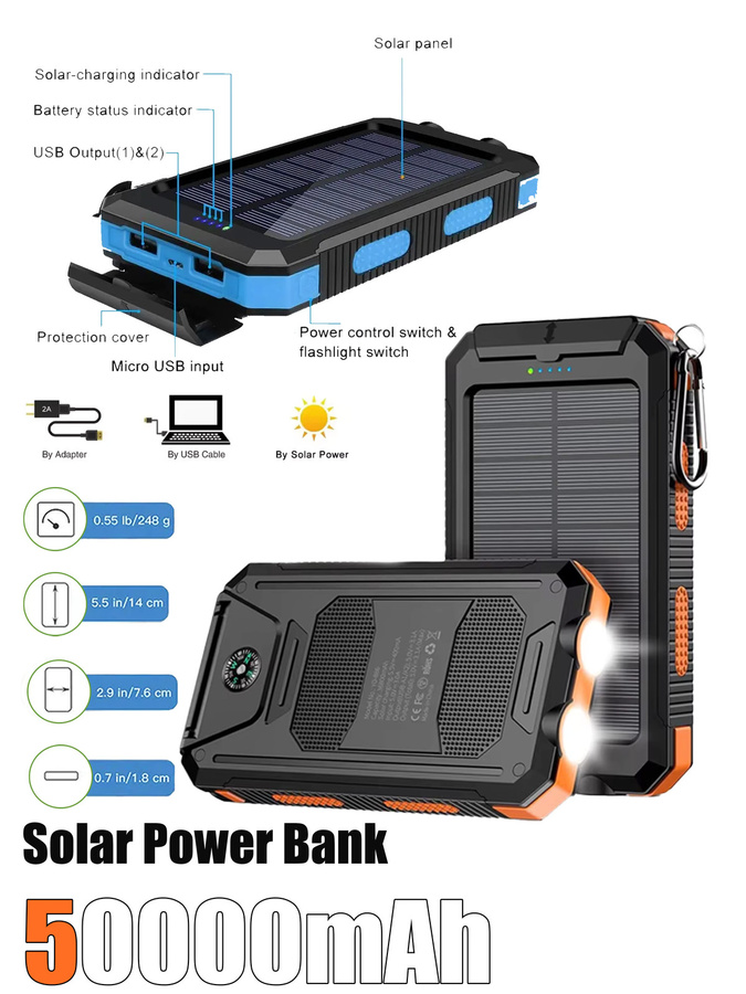 Rscrola Solar-Powerbank mit 50000mAh, Multifunktions-Ladegerät mit USB-A und USB-C sowie Taschenlampe in Orange und Schwarz - Bild 7