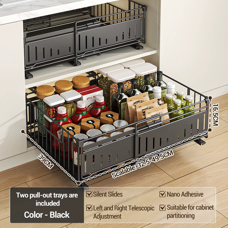 HiMISS Erweiterbarer Schrank-Organizer aus Metall mit ausziehbaren Schubladen, Küchenschrank-Schiebeschrank-Korb, Weiß oder Schwarz, Breite: 39,0 cm, Tiefe: 16,5 cm, Höhe: 2,0 cm - Bild 2