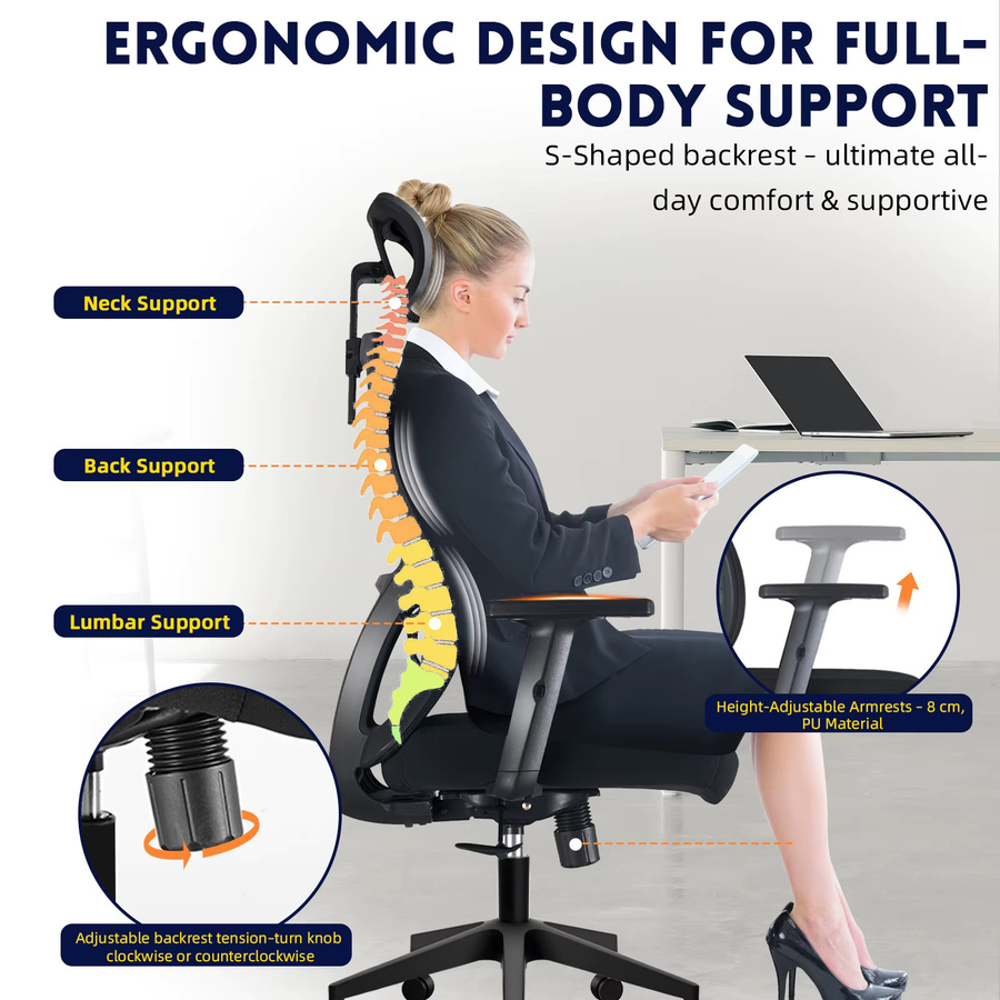 Ergonomischer Bürostuhl Durrafy in Schwarz mit Netzrücken, verstellbarer Kopfstütze und Lendenwirbelstütze für dein Home-Office - Bild 6
