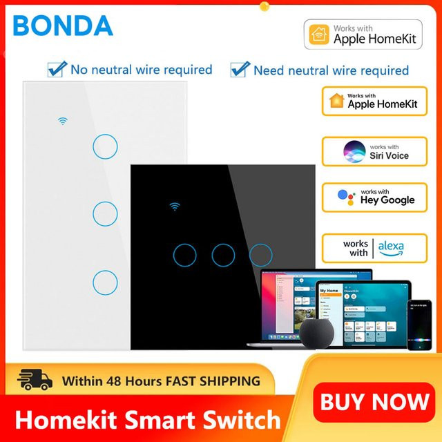 BONDA Smart Switch WLAN Touch-Sensor Lichtschalter in Weiß mit HomeKit Google Home Alexa und Siri Sprachsteuerung ohne Neutralleiter - Bild 1