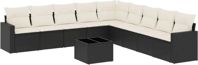 vidaXL 10-tlg Garten-Sofagarnitur in L-Form mit Kissen und Couchtisch, Schwarz, Poly Rattan und Metall - Bild 1