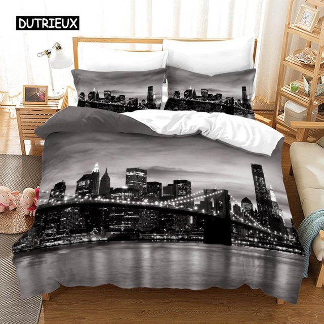 Bettwäscheset mit New York City Nachtansicht von Binchi Outdoor Product in Schwarz, bestehend aus Bettbezug und Kissenbezug, Breite: 140 cm, Höhe: 210 cm - Bild 1