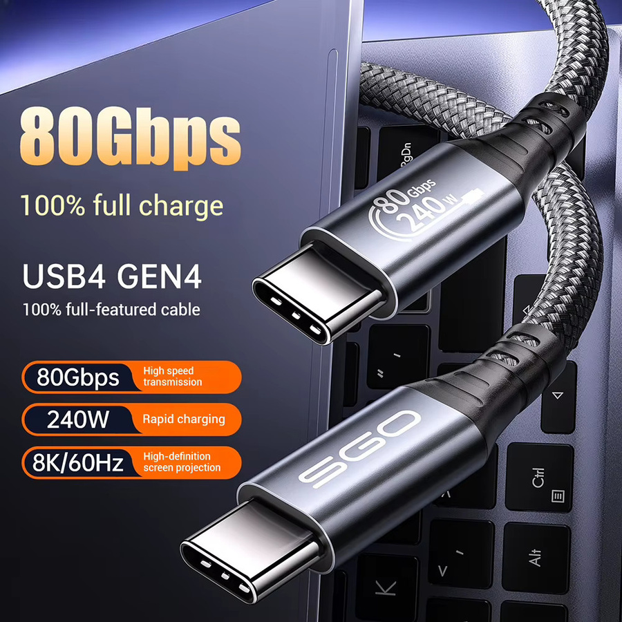 Fanakm USB 4 Gen 3 Kabel mit 80 Gbit/s und 240 W für Thunderbolt 5, USB-C auf USB-C, 8K@60Hz DisplayPort, grau, rechtwinklig 90 Grad - Bild 2