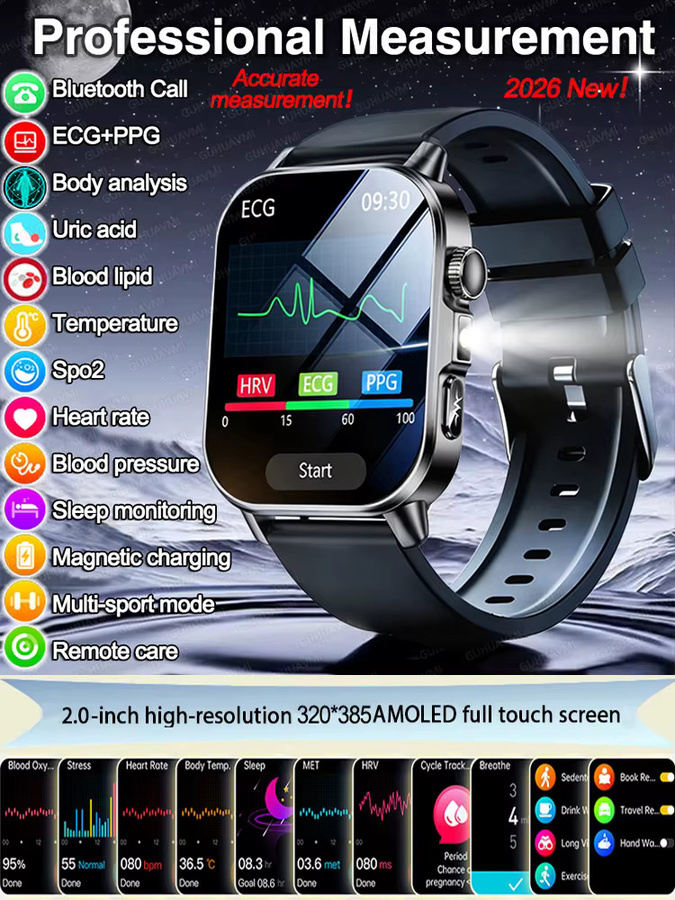 GUHUAVMI EKG Smartwatch Schwarz mit Blutdruckmessung, Blutsauerstoffsensor und Gesundheitsdiagnose für Männer und Frauen - Bild 6