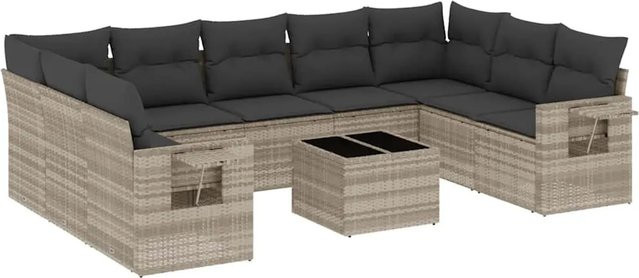 vidaXL 10-tlg. Garten-Sofagarnitur in L-Form aus Poly-Rattan mit Kissen in Hellgrau - Bild 1