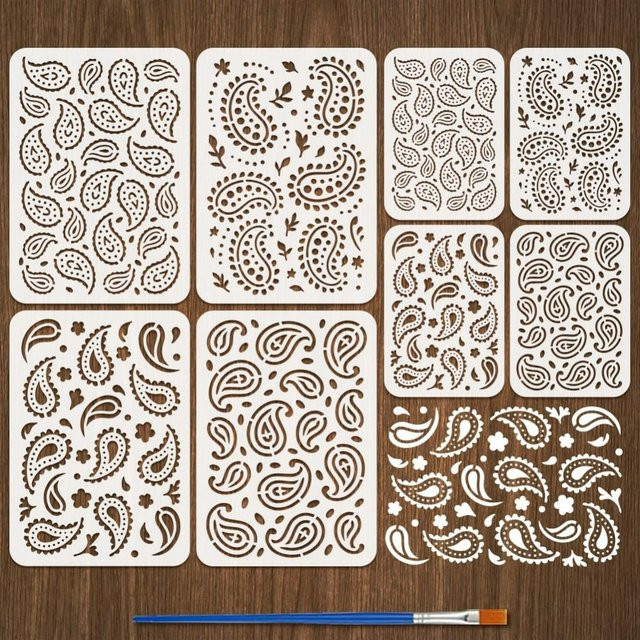8 Stück Paisley-Muster-Malschablonen Set mit Pinsel, 8 verschiedene DIY-Designs mit Blumenmotiven aus Kunststoff zur dekorativen Gestaltung - Bild 1