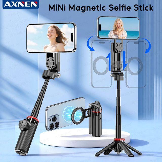 Axnen Multifunktionales Magnetisches Stativ mit kabelloser Fernbedienung und Clip für Android und iPhone, Schwarz - Bild 1