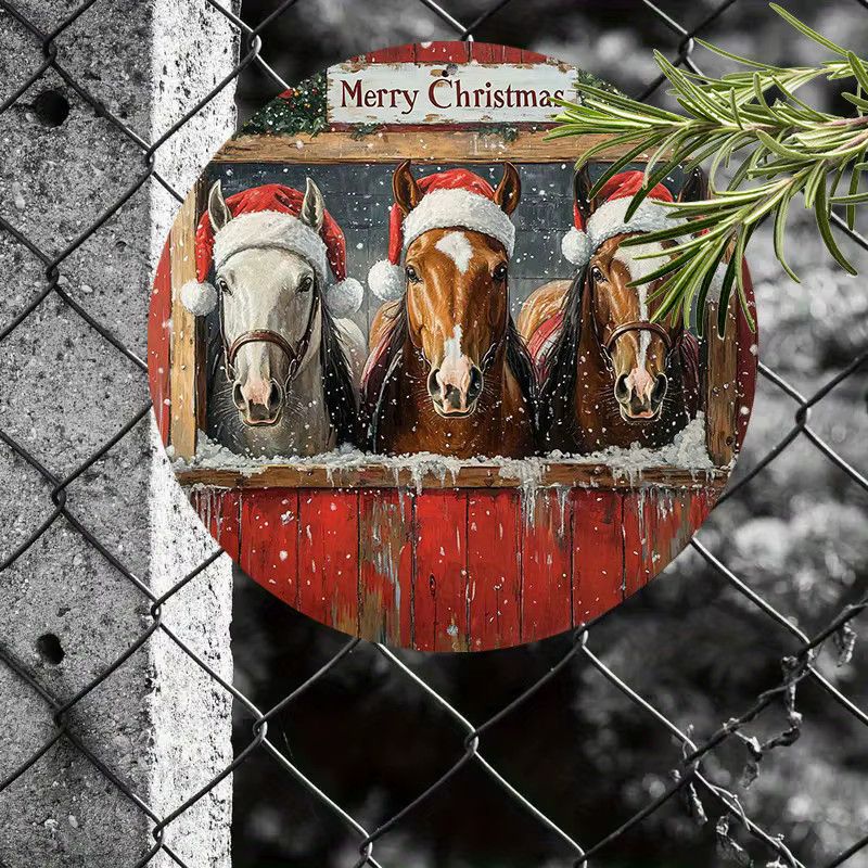 Potdemiel Metallwandschild Vintage Christmas Horses aus Aluminium, runde Weihnachtsdekoration mit Weihnachtsmannmützen, Durchmesser: 20,32 cm - Bild 3