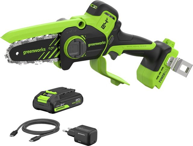 Greenworks Mini-Akku-Kettensäge-Set CS1032GA2 in Schwarz-Grün mit 24 V, Akku und Ladegerät, Schwertlänge 10 cm - Bild 1