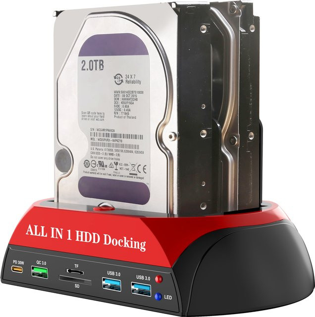 Deepartner All-in-One SATA/IDE HDD/SSD-Dockingstation mit Offline-Kloning, USB 3.0 Hub, SD/TF-Kartenleser und PD/QC-Schnellladung für 2,5 und 3,5 Zoll Festplatten - Bild 1