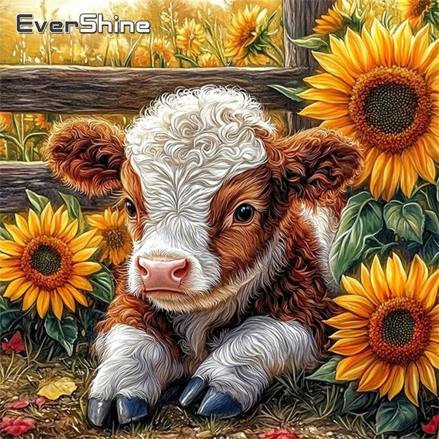 Evershine Kreuzstichset Kuh mit Sonnenblumen 11ct 5D DIY Stickerei in Multicolour - Bild 1