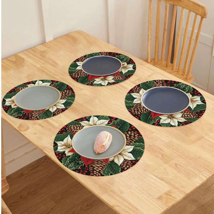 VIKAMA 4er Set Weihnachts Tischsets rund mit Tannenzapfen und Beeren Design, mehrfarbig, wasserdicht und wärmeisolierend - Bild 3
