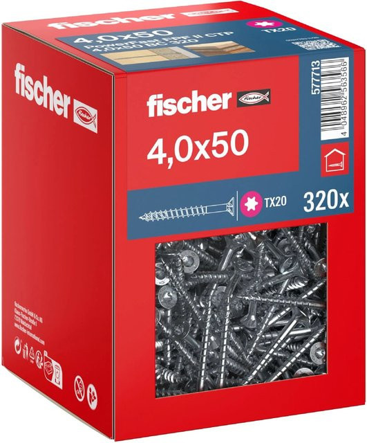 Fischer PowerFast II Senkkopf Teilgewinde Schraube mit Torx-Antrieb aus verzinktem Stahl, Durchmesser: 4 mm, Länge: 50 mm, 320 Stück - Bild 1