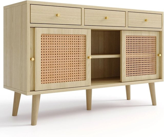 okwish Sideboard mit 3 Schubladen und 3 Schiebetüren im Rattan-Design für dein Wohnzimmer, Farbe: beige, B/T/H: 120 x 40 x 78 cm - Bild 1
