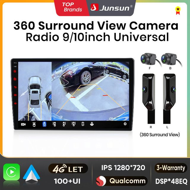 Junsun Qualcomm Autoradio mit 360-Grad-Kamera, drahtlosem Apple CarPlay und Android Auto, 4G, GPS, WiFi und Bluetooth in Schwarz - Bild 1