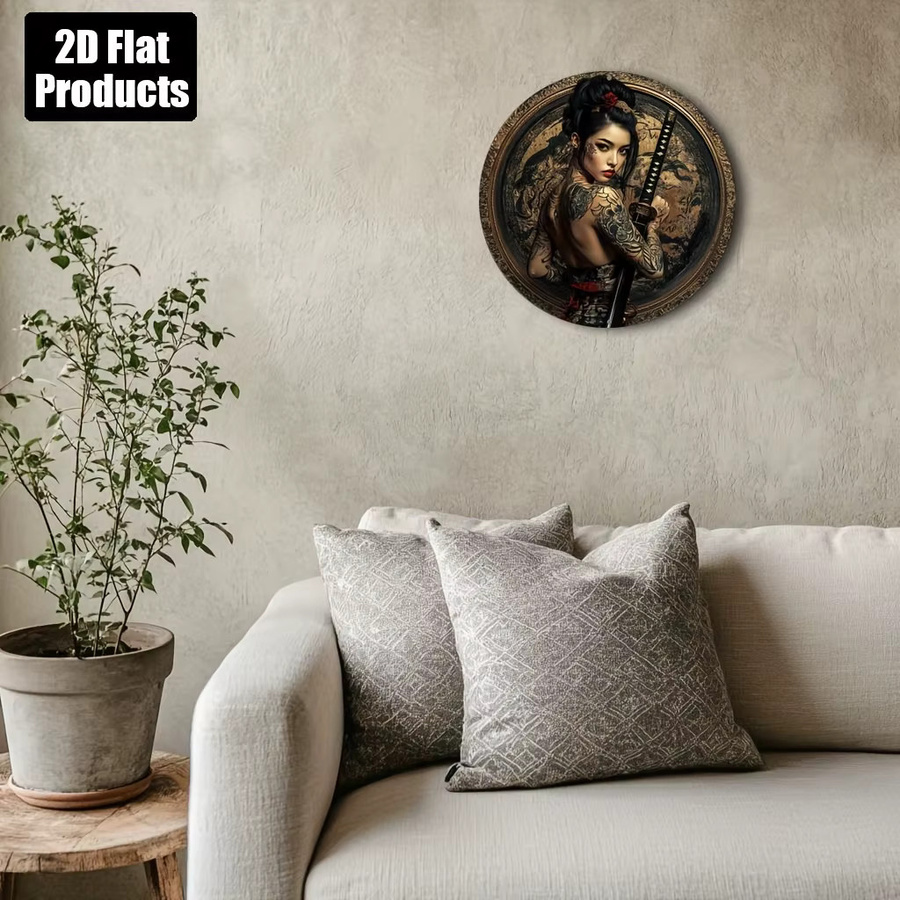 CIFBUY Retro Anime Metall-Blechschild Japanisches Samurai-Mädchen Runde Aluminium-Dekorationsplakette, Durchmesser: 20,32 cm - Bild 4