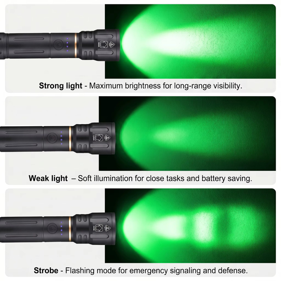 Alonefire Zoom-Taschenlampe mit grünem LED-Licht, USB-wiederaufladbare Aluminium-Taschenlampe in Schwarz für Camping, Outdoor, Wandern, Jagd und Angeln - Bild 3