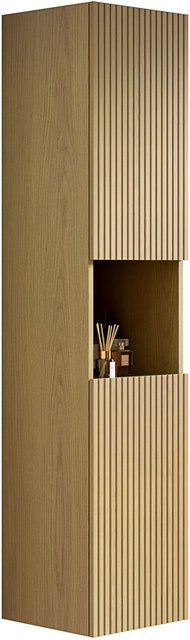 PXloue Bad-Hochschrank in Weißer Eiche Holzoptik mit Gold-Akzenten, Schmaler Aufbewahrungsschrank mit 2 Türen und offenem Fach, Höhe: 160 cm, Breite: 30 cm, Tiefe: 24 cm - Bild 1