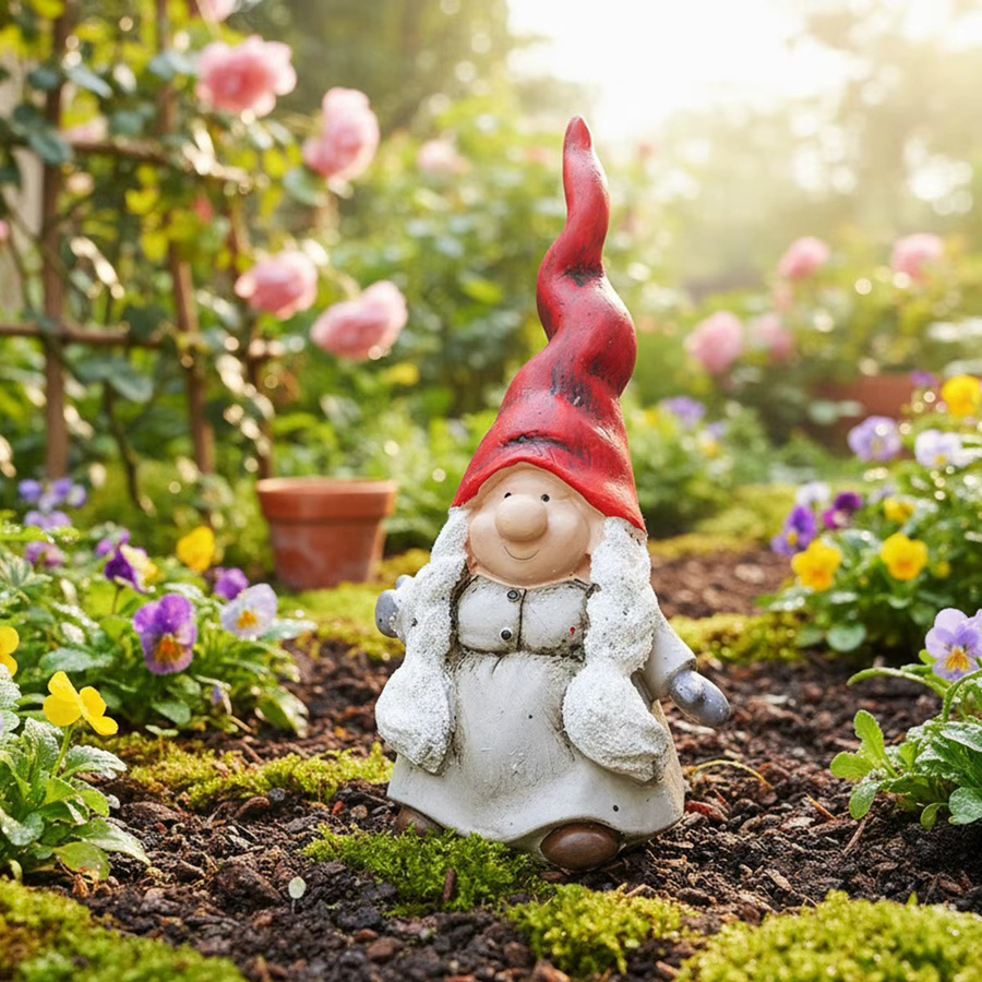 Handbemalte Gartendekoration Statue einer alten Dame mit rotem Hut aus Kunstharz in Vintage-Optik - Bild 2