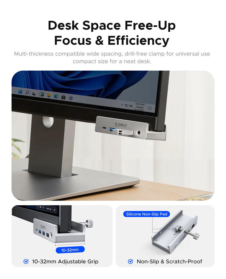 ORICO 8-in-1 USB-C Aluminium Clip-Hub in Silber mit 10Gbps Hochgeschwindigkeits-Datenübertragung und externer Stromversorgung für Mac und PC - Bild 5