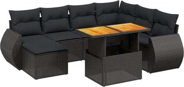 vidaXL 8-teilige Garten-Sofagarnitur in L-Form aus schwarzem Poly-Rattan mit Kissen und pulverbeschichtetem Stahlrahmen - Bild 1
