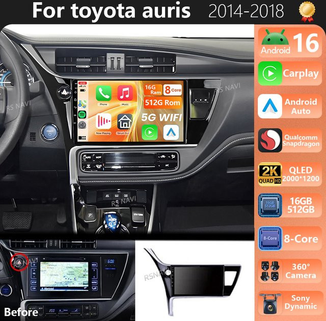 RSNAVI Android 16 Autoradio für Toyota Corolla 11 Auris LHD (2017 - 2019) mit 2K QLED Display, Videoplayer, GPS, CarPlay und Stereo, Schwarz - Bild 1