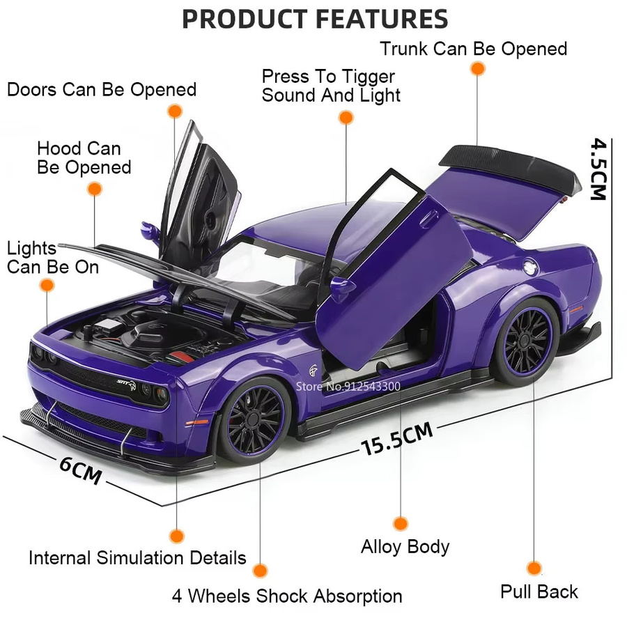 MAKEDA Charger Challenger SRT Hellcat, Spielzeugmodell, 1:32, Metall, mit Licht und Sound - Bild 5