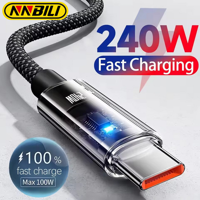 NNBILI 240W Schnelllade-Datenkabel aus Nylon mit LED-Leuchten, USB-A auf USB-C und USB-C auf USB-C, Schwarz - Bild 1
