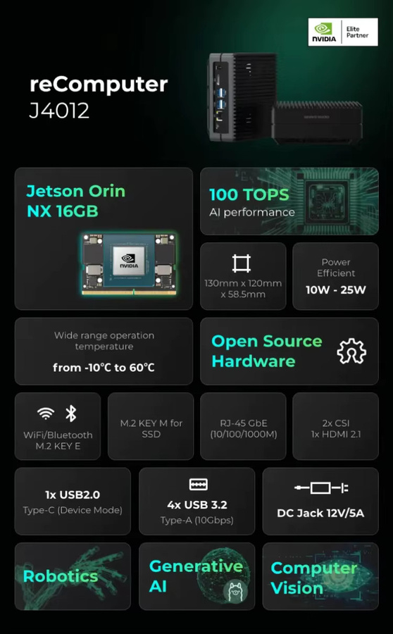 NVIDIA Jetson Orin NX 16 GB reComputer J4012 Edge AI Device mit Aluminiumgehäuse in Schwarz, 4x USB 3.2 und M.2 Key E & Key M Slots - Bild 2