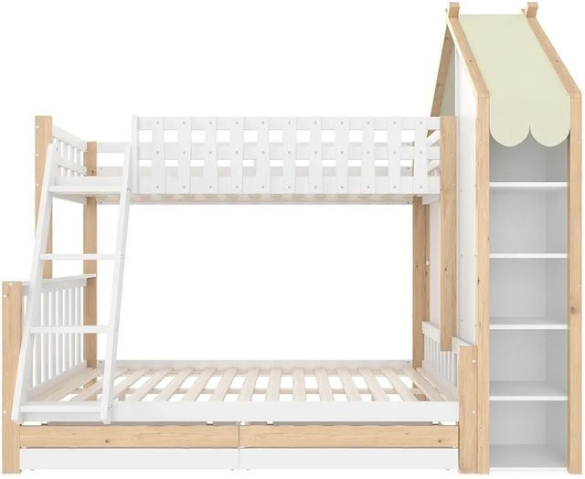 KOMHTOM Etagenbett für Kinder mit 2 Schubladen und Sicherheitsgeländer, Farbe Weiß und Natur, Material Kiefernholz und MDF, Maße: B/T/H: 230 x 90 x 155 cm und B/T/H: 230 x 140 x 155 cm - Bild 1