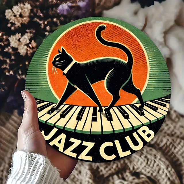 Potdemiel Vintage Jazz Club Aluminium-Wandkunst – Dekorative Metallwanddekoration mit schwarzer Katze auf Klavier in Schwarz und Multicolour, Durchmesser: 20 cm - Bild 1