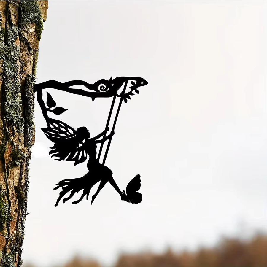 CIFBUY Metall-Wandkunst Schaukel-Elf auf Ast in Schwarz als Außenstatue für Garten, Hof und Terrasse - Bild 3