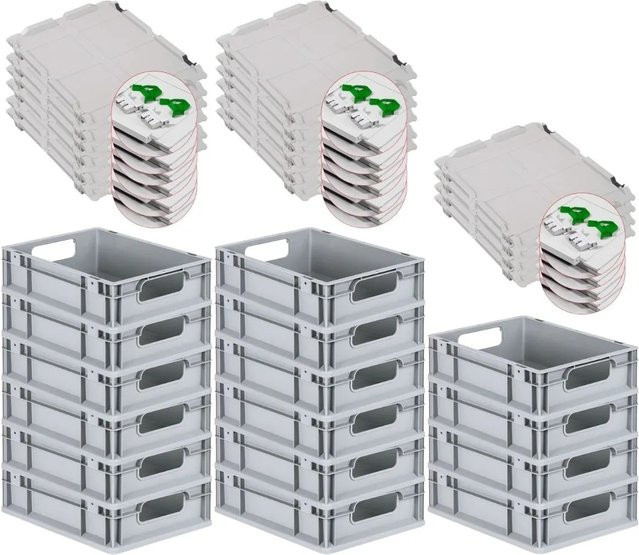 PROREGAL Spar Set 16x Eurobox Nextgen Economy mit Scharnierdeckel und grünen Schiebeschnappverschlüssen, H x B x T: 12 x 30 x 40 cm, 11 Liter - Bild 1