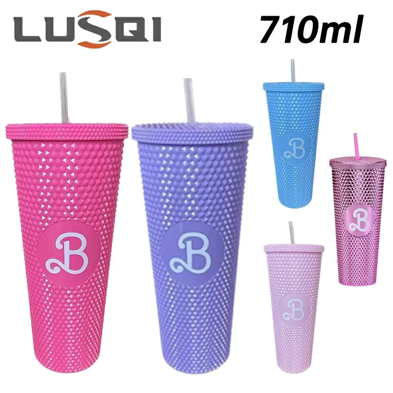 LUSQI Trinkbecher mit Durian-Muster in Pink, auslaufsicherer Tumbler mit Strohhalm, 710 ml - Bild 3