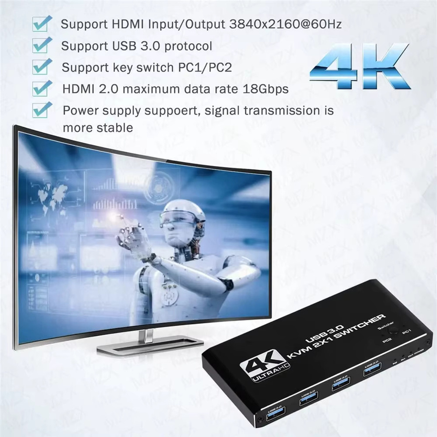 MZX KVM Switch 4K 60Hz USB 3.0 Dockingstation für 2 Computer mit USB-C und USB-A Anschlüssen, Schwarz - Bild 4