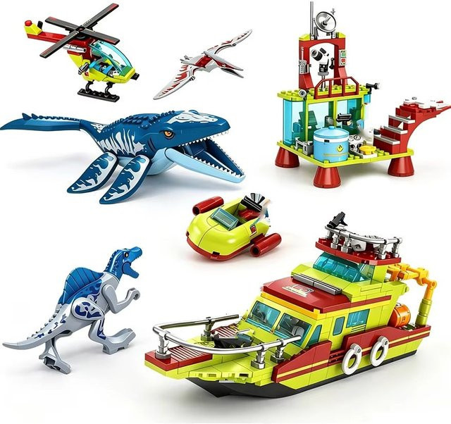 Mengwoha Jurassic Welt Mosasaurus Angriff Schiff Bausteine Set mit Dinosaurier und Fahrzeugen in Mehrfarbig - Bild 1